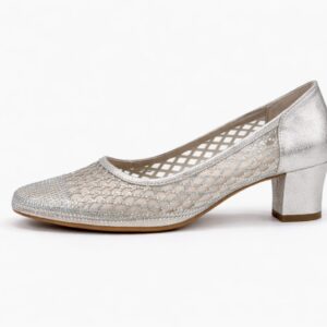 gümüş file detaylı orta topuk kadın ayakkabı