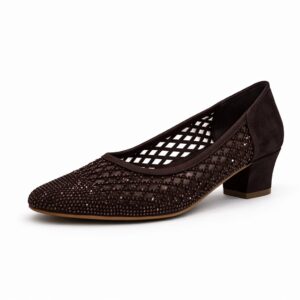 koyu kahverengi file taş detaylı orta topuk kadın ayakkabı