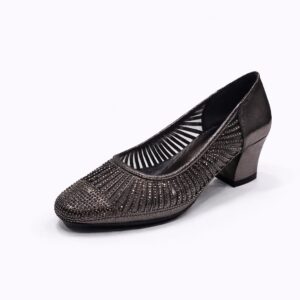 koyu metalik taş detaylı orta topuk kadın ayakkabı